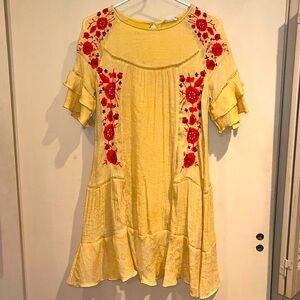 Altar’d State yellow midi dress with embroidery size XS